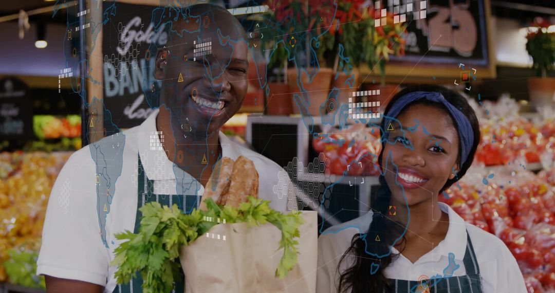 Cheerful Grocery Clerks Displaying Fresh Baguettes in Produce Aisle