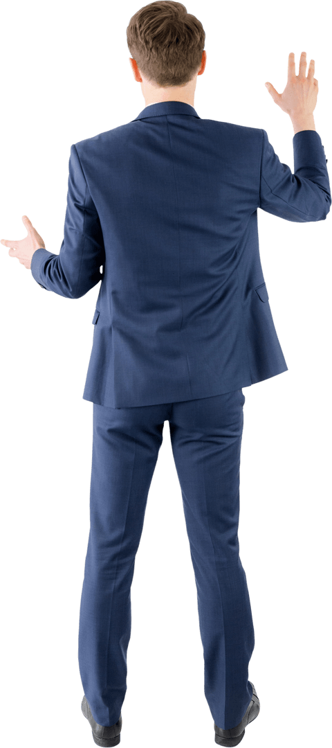Businessman in Blue Suit Waving Back View Transparent Background