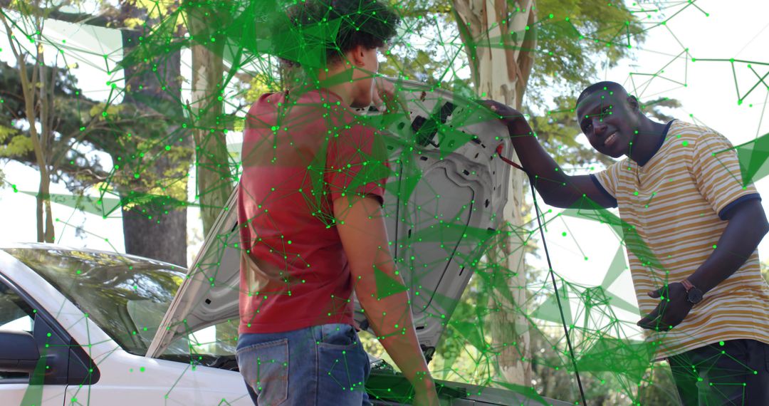 Two men inspecting car engine on sunlit roadside under trees, casual roadside repair