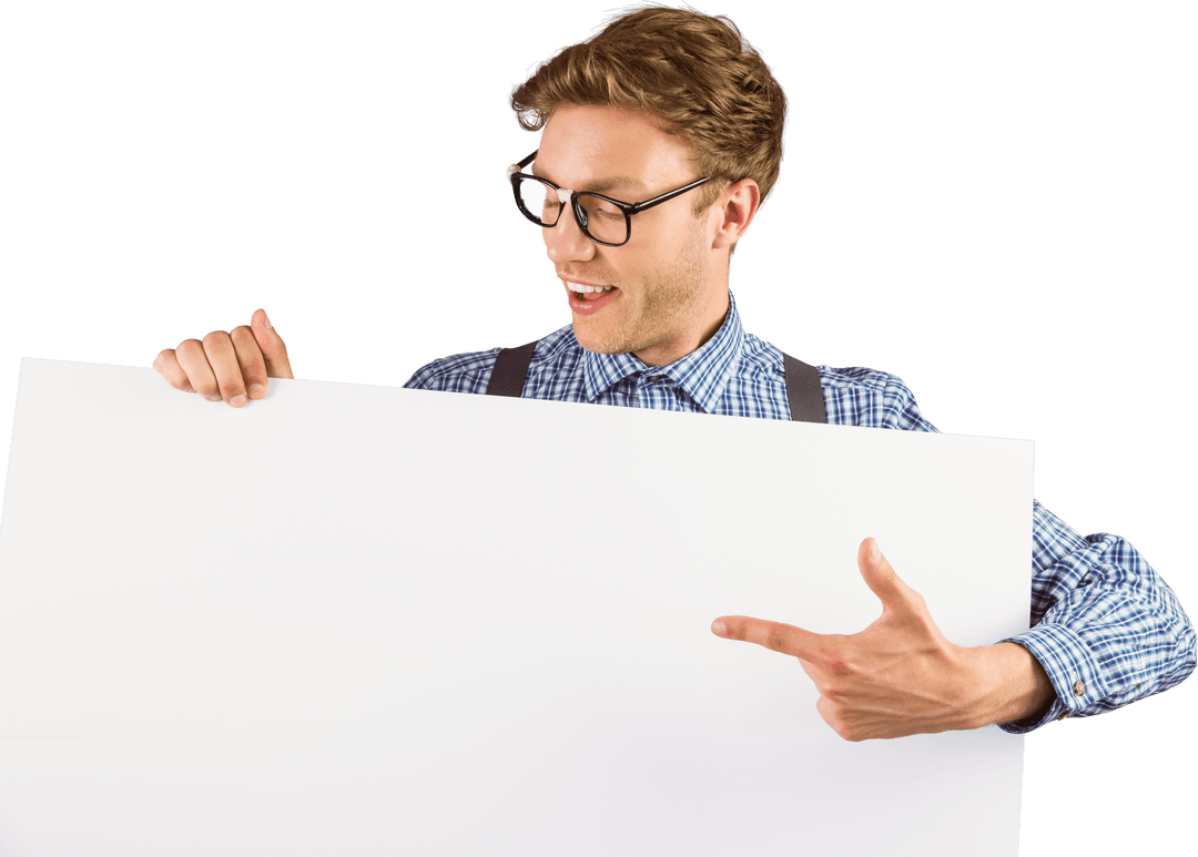 Hipster Man Pointing at Empty Transparent Card