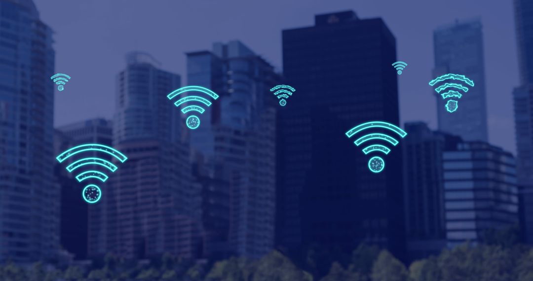 Wifi Network Icons Over Modern City Skyline