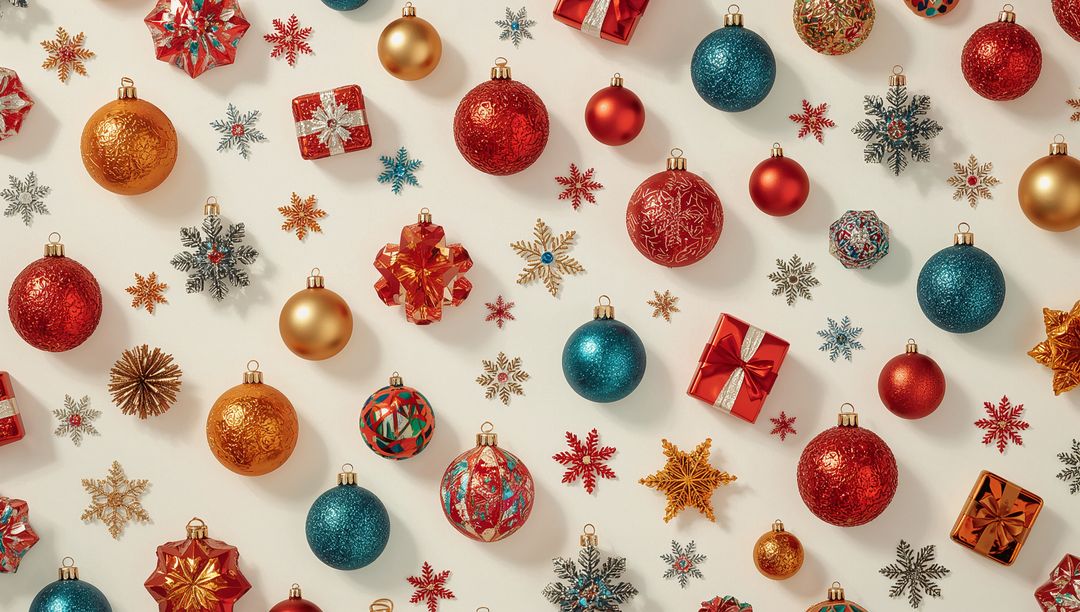 Arranging festive flatlay with red, blue and gold baubles, glitter snowflakes and gift boxes