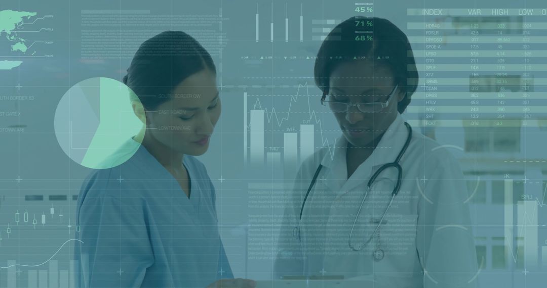 Healthcare Professionals Analyzing Data with Digital Technology in Clinic