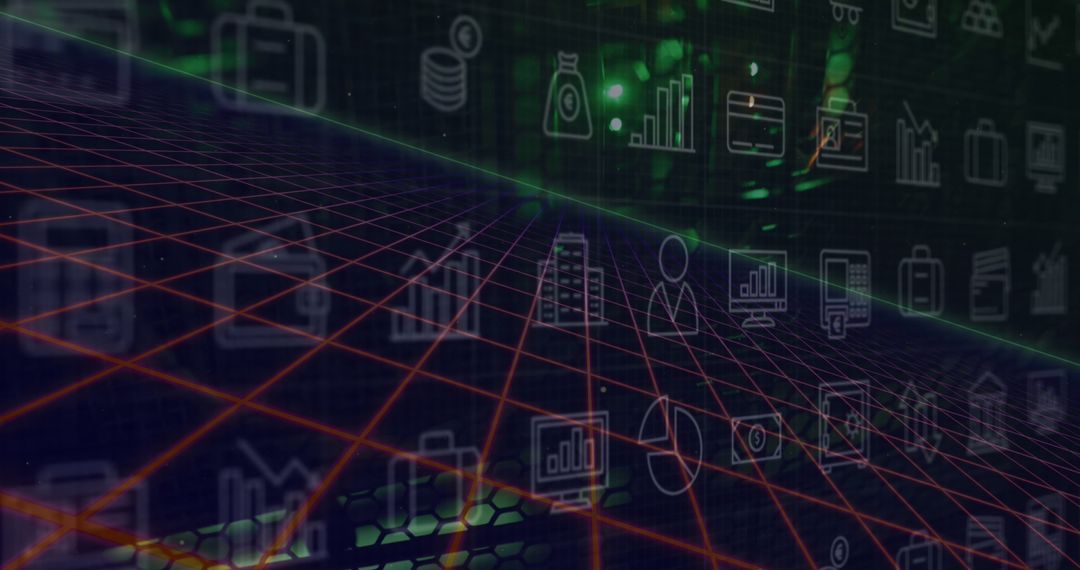 Futuristic Business Icons on Digital Grid Background