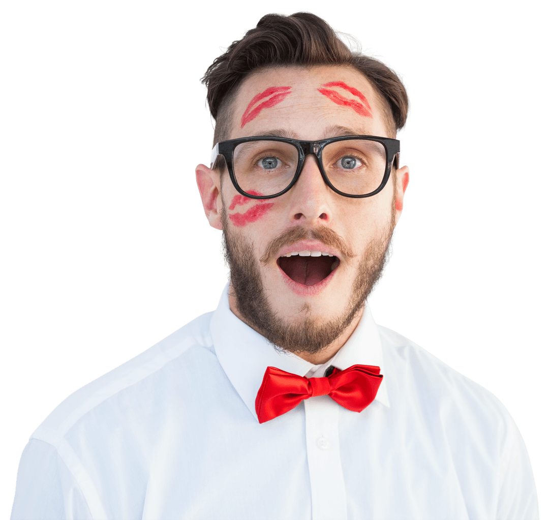 Geeky Man with Lipstick Marks Wearing Glasses and Bow Tie on Transparent Background