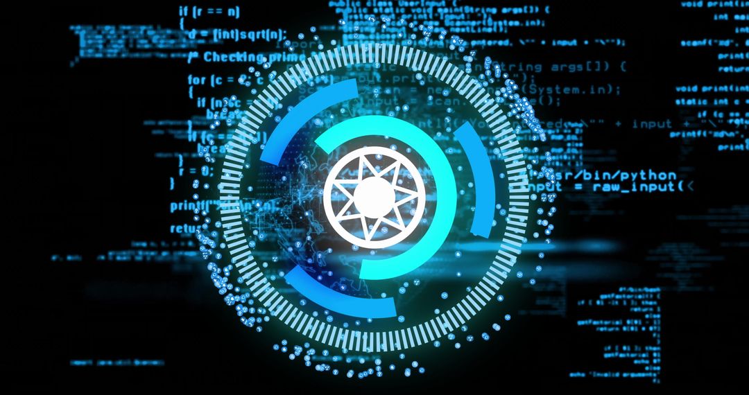 Futuristic digital interface with programming code background