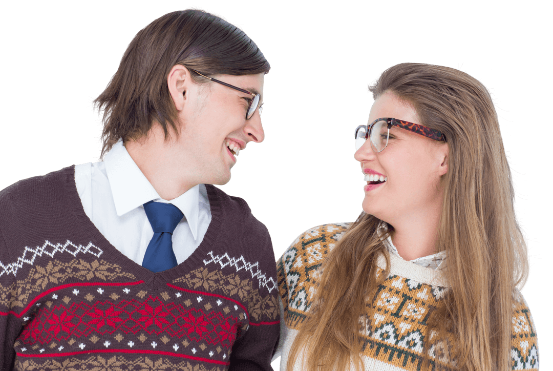Transparent Young Happy Couple in Fashionable Sweaters Looking at Each Other