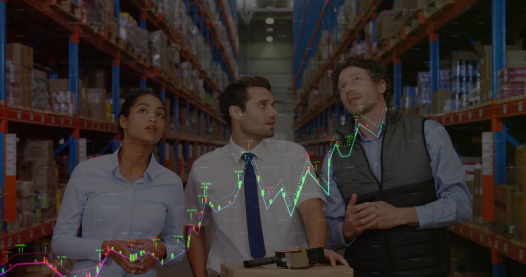 Team of Warehouse Analysts with Overlayed Financial Graphs