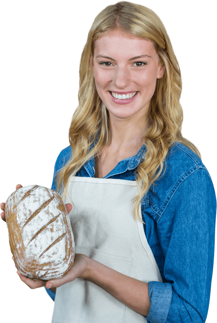 Smiling Woman in Apron Presenting Freshly Baked Bread on Transparent Background