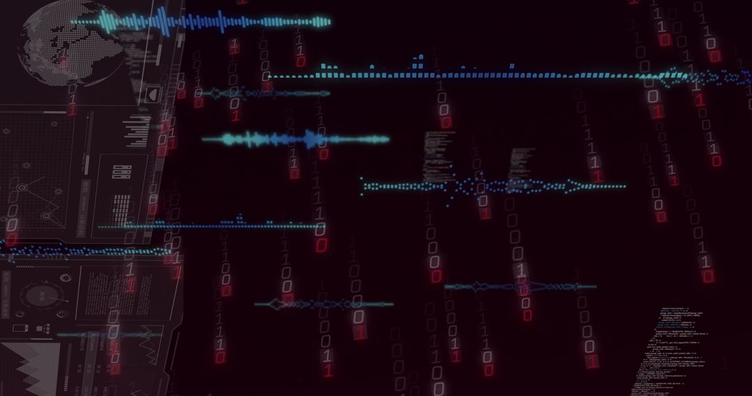 Futuristic Digital Interface with Waveforms and Binary Code