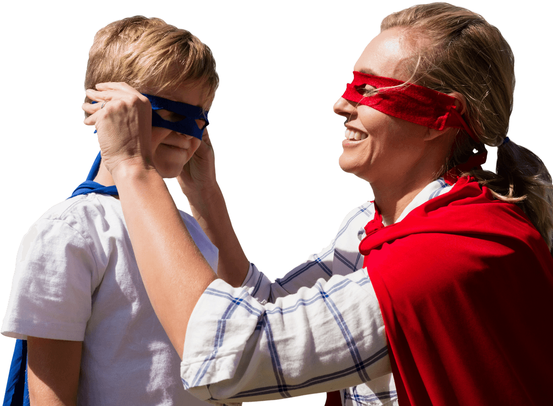 Transparent Joyful Superhero Playtime Between Mother and Son