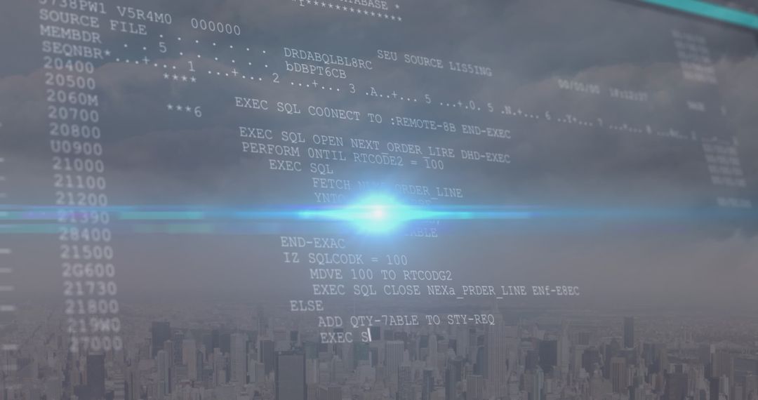 Digital Interface with Data Processing Overlay on City Skyline