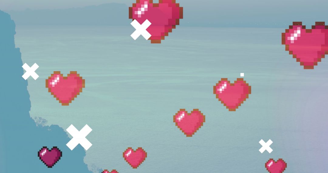 Floating Pixelated Hearts Over Serene Ocean