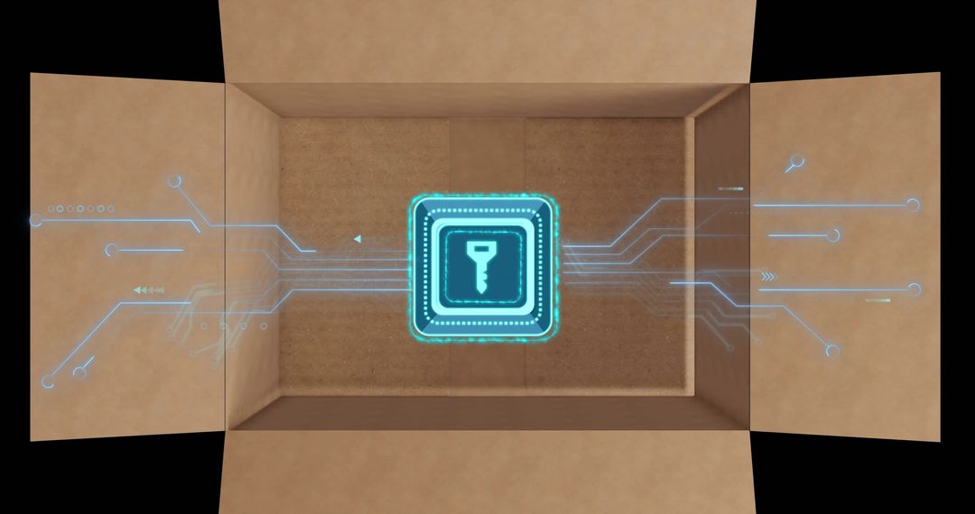 Cyber Security Key Icon and Virtual Circuit Over Cardboard Box