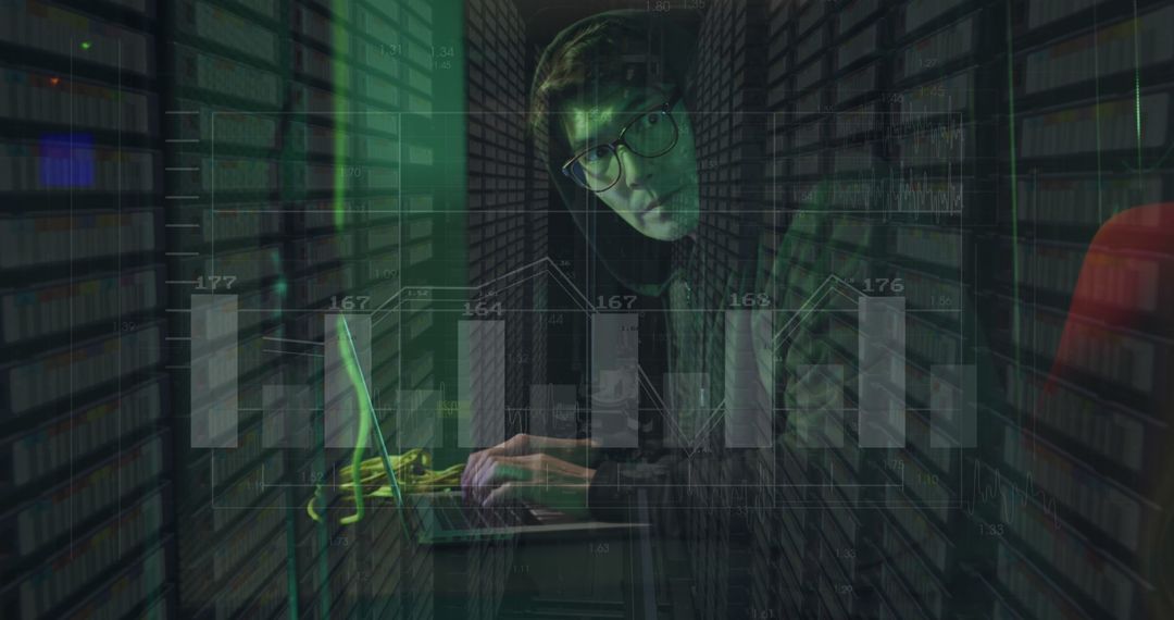 Caucasian Hacker in Dimly Lit Data Center Environment