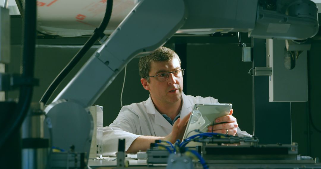 Engineer Examines Robotics Machinery with Tablet - Free Images, Stock Photos and Pictures on Pikwizard.com