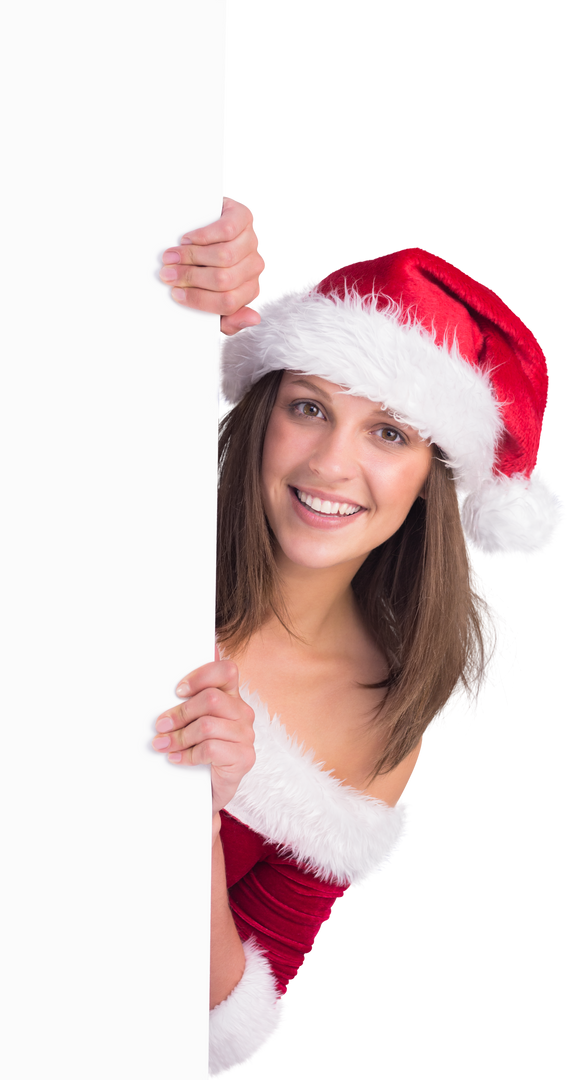 Smiling Festive Woman in Santa Hat Holding Transparent Poster - Download Free Stock Images Pikwizard.com