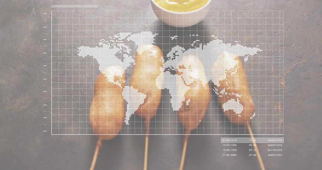 Corn dogs on skewers with mustard bowl and dotted world map overlay, flatlay food concept