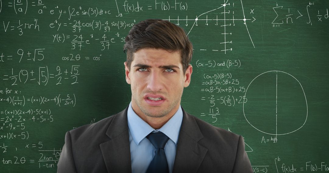 Confused Businessman in Front of Chalkboard with Math Formulas - Free Images, Stock Photos and Pictures on Pikwizard.com