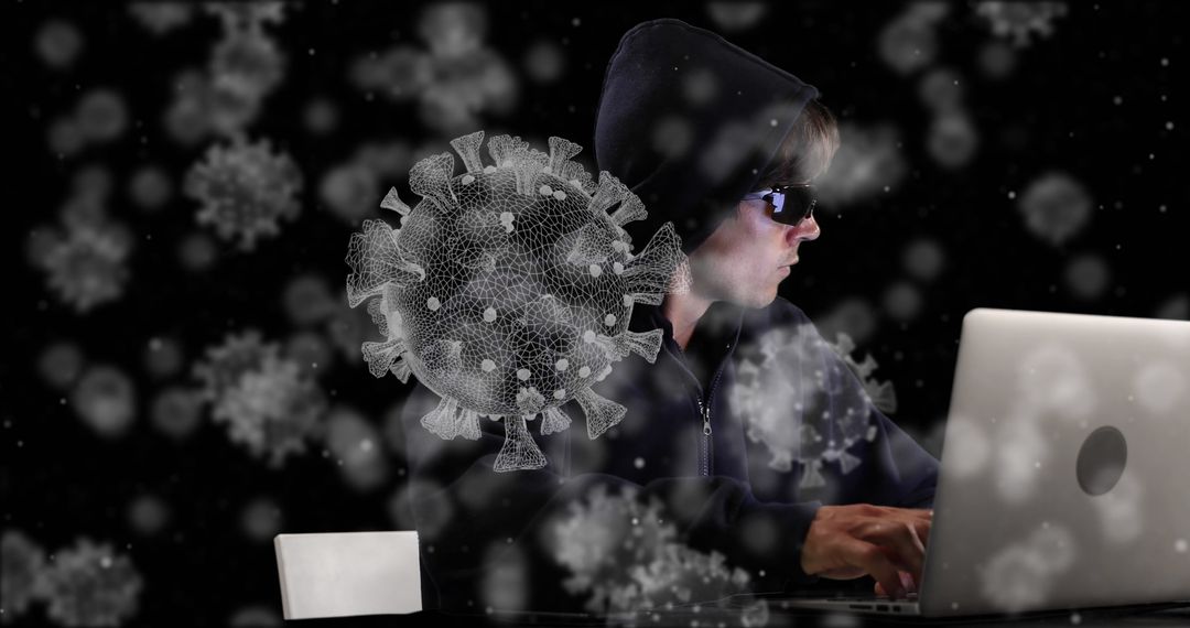 Hacker with Digital Coronavirus Imagery Symbolizing Cybersecurity Threats