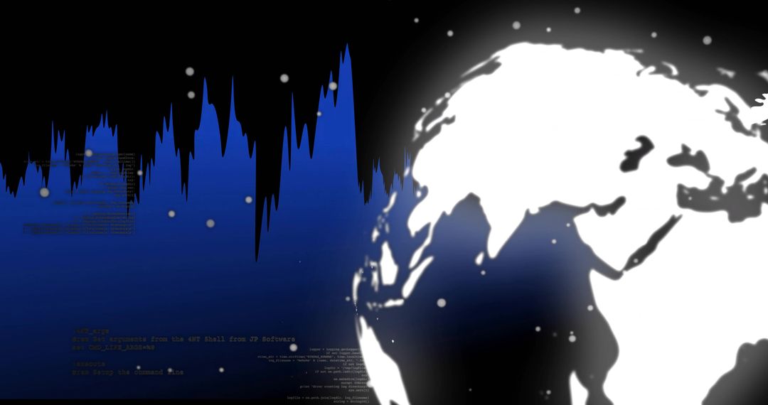 White globe silhouette rotating over blue waveform and code, futuristic data network visualization