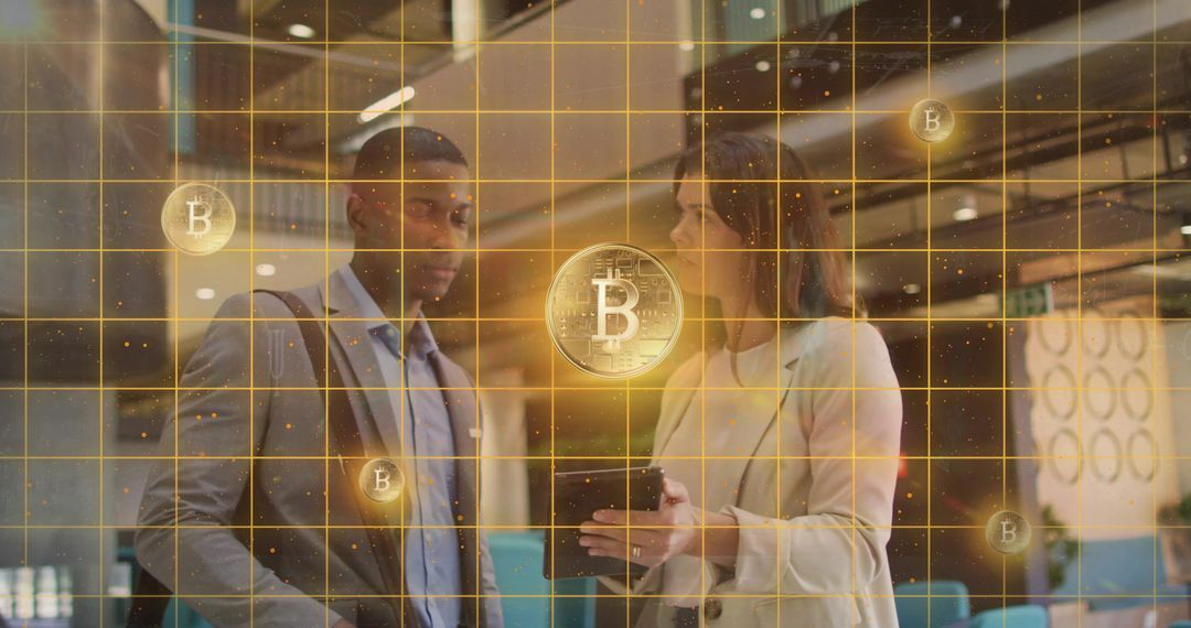 Business Colleagues Discussing Cryptocurrency in Modern Lobby