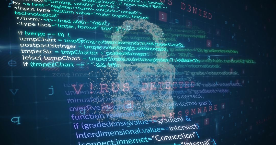 Digital Padlock Overlays Cybersecurity and Virus Detection Code