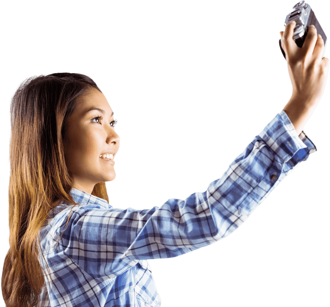 Smiling Asian Woman Taking Picture with Transparent Background
