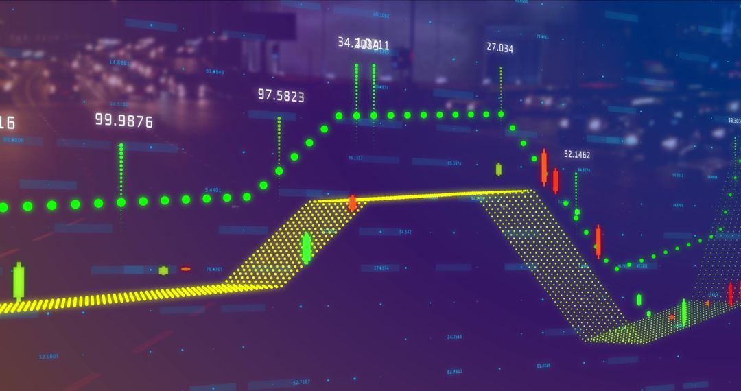 Digital Financial Graphs Overlay in Futuristic Urban Background