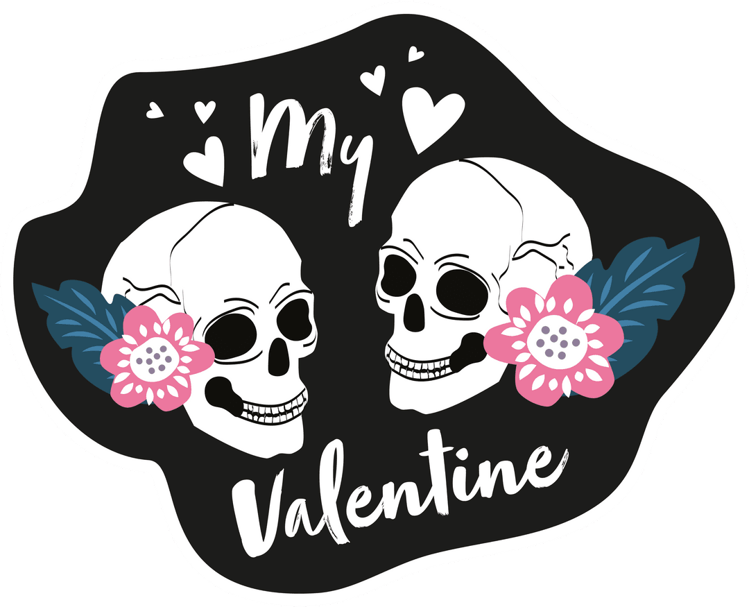 Romantic Skulls Illustration with Valentine Text on Transparent Background