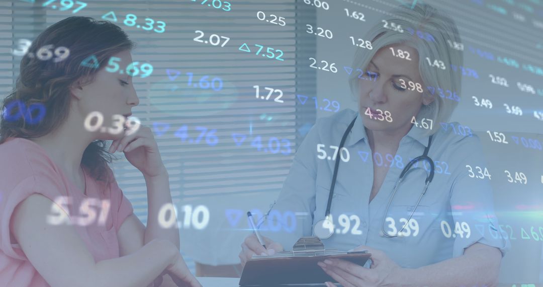 Data Processing Overlay with Female Doctor and Patient Consultation