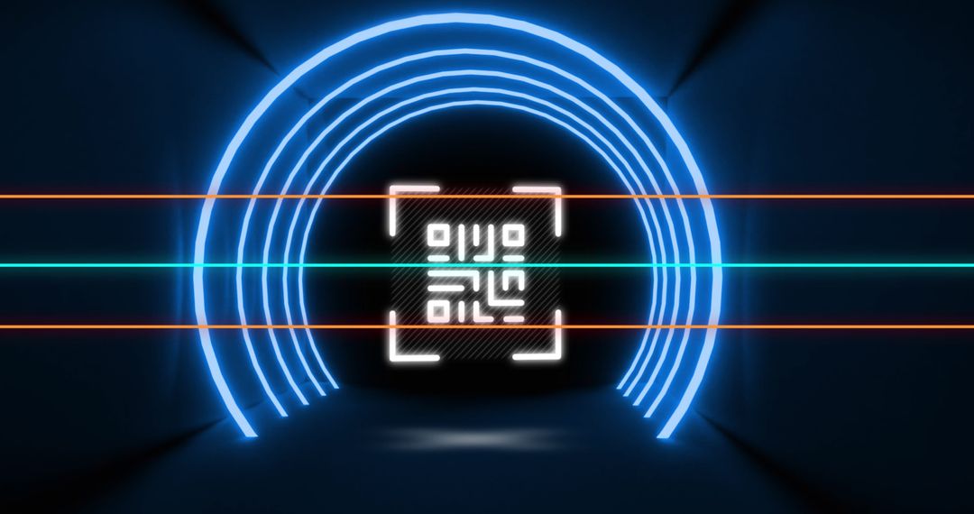 Glowing QR Code with Neon Arches and Lines in Virtual Tunnel