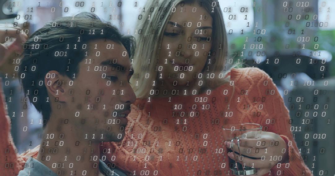 Couple Relaxing with Digital Transparency Overlay in Modern Cafe