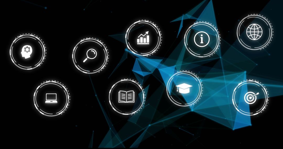 Digital Network of Educational and Business Icons with Blue Geometric Shapes
