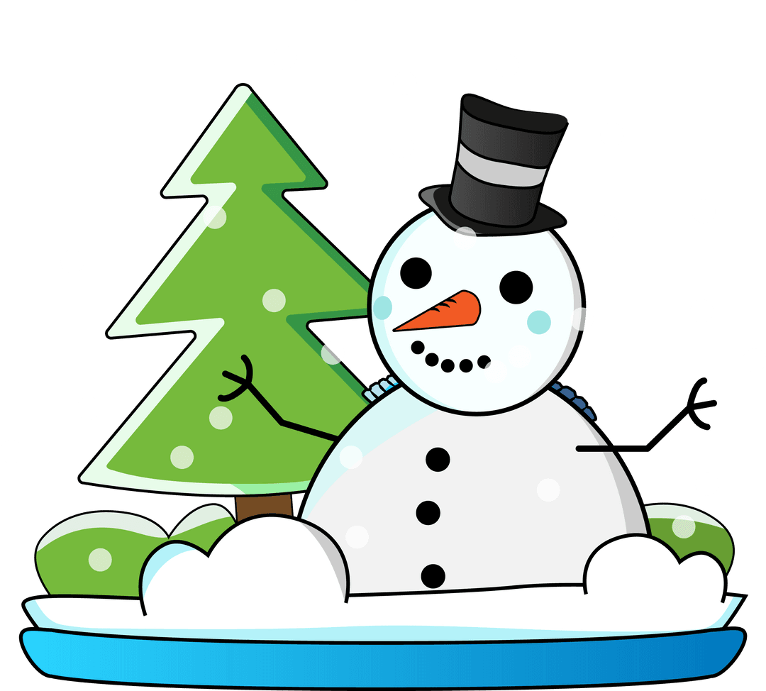 Cheerful Cartoon Snowman with Tree and Top Hat on Transparent Background