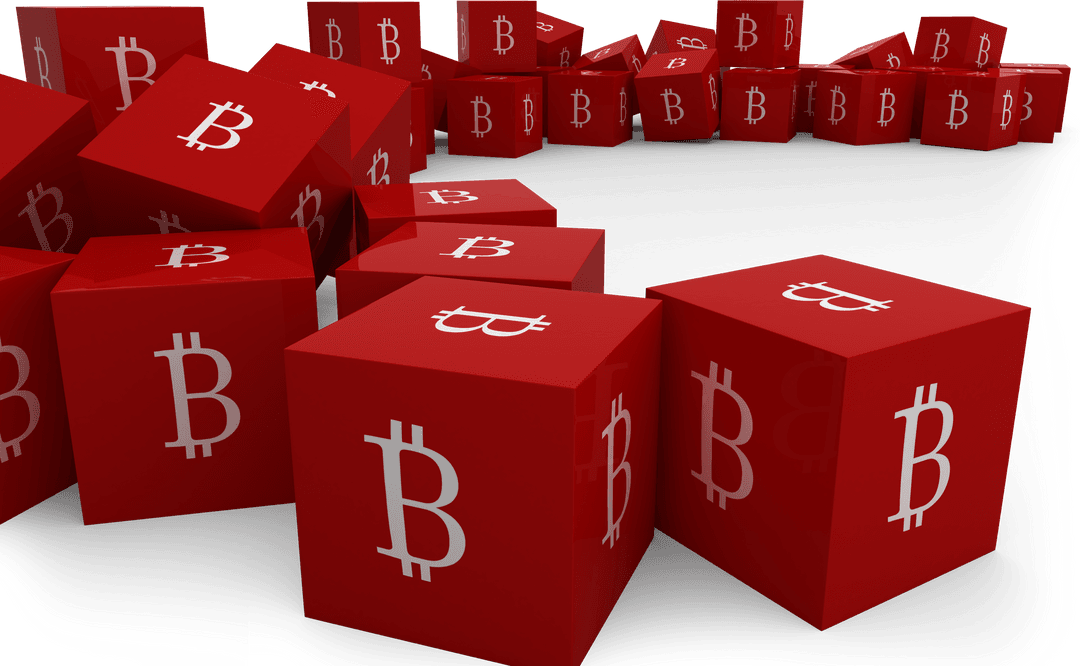 Red Transparent Cubes with Bitcoin Symbol Illustrating Cryptocurrency