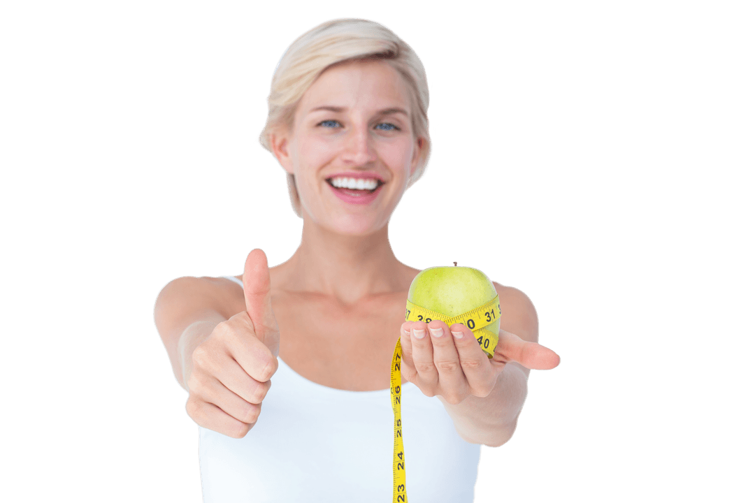 Transparent Cheerful Woman Holding Apple with Measuring Tape Thumbs Up