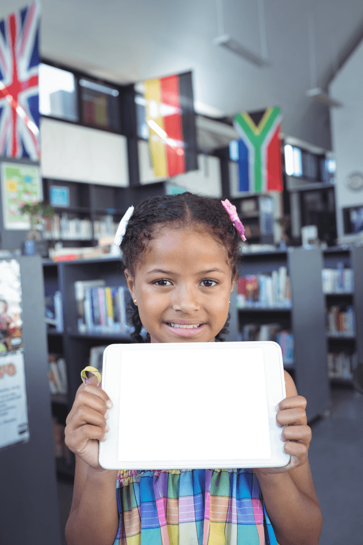 Smiling Girl Holding Tablet Computer in Bright Modern Library