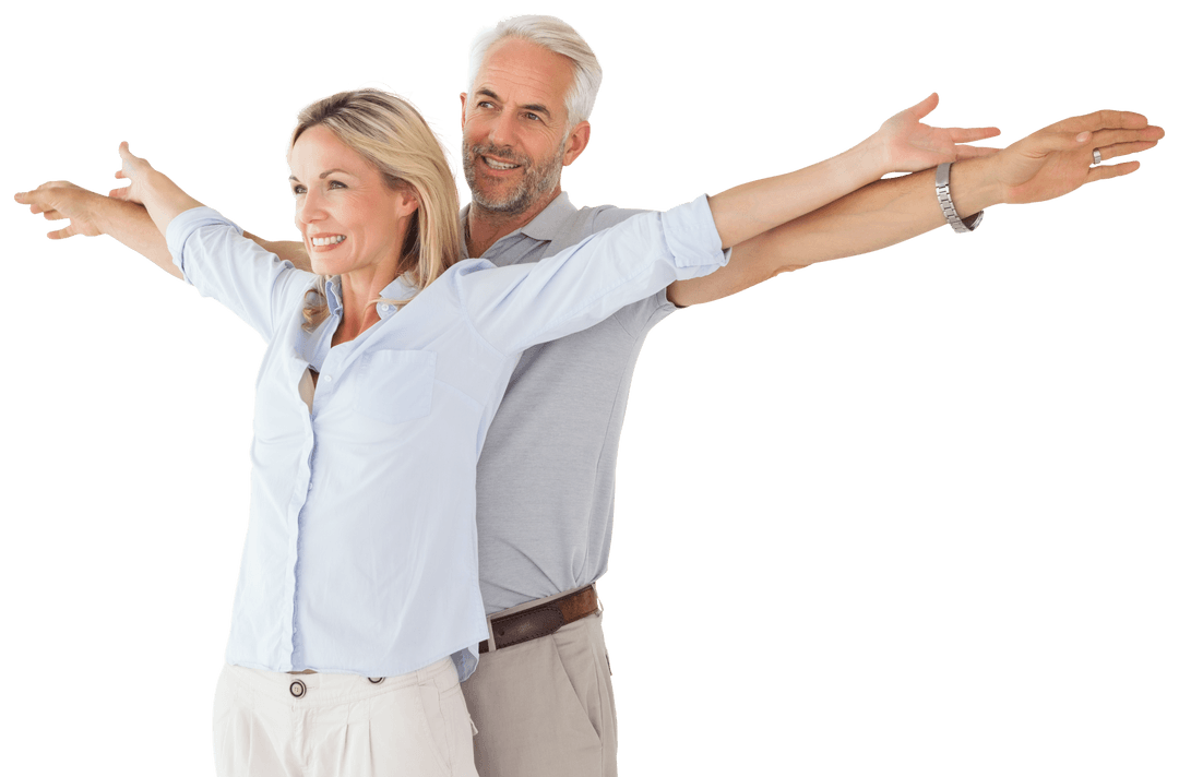 Happy Mature Couple with Arms Outstretched on Transparent Background