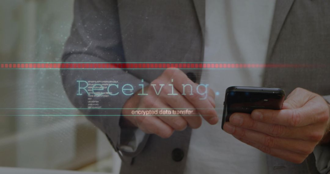 Businessman Texting with Digital Data Overlay in Modern Office