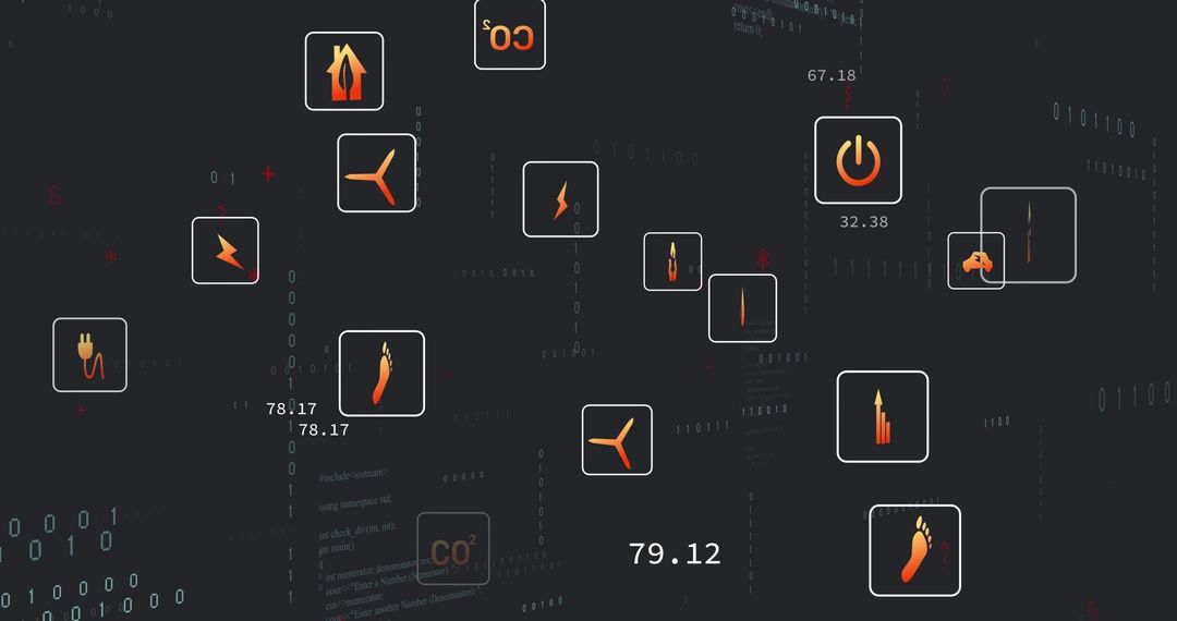 Digital Energy Interface with Floating Tech Icons and Data Metrics