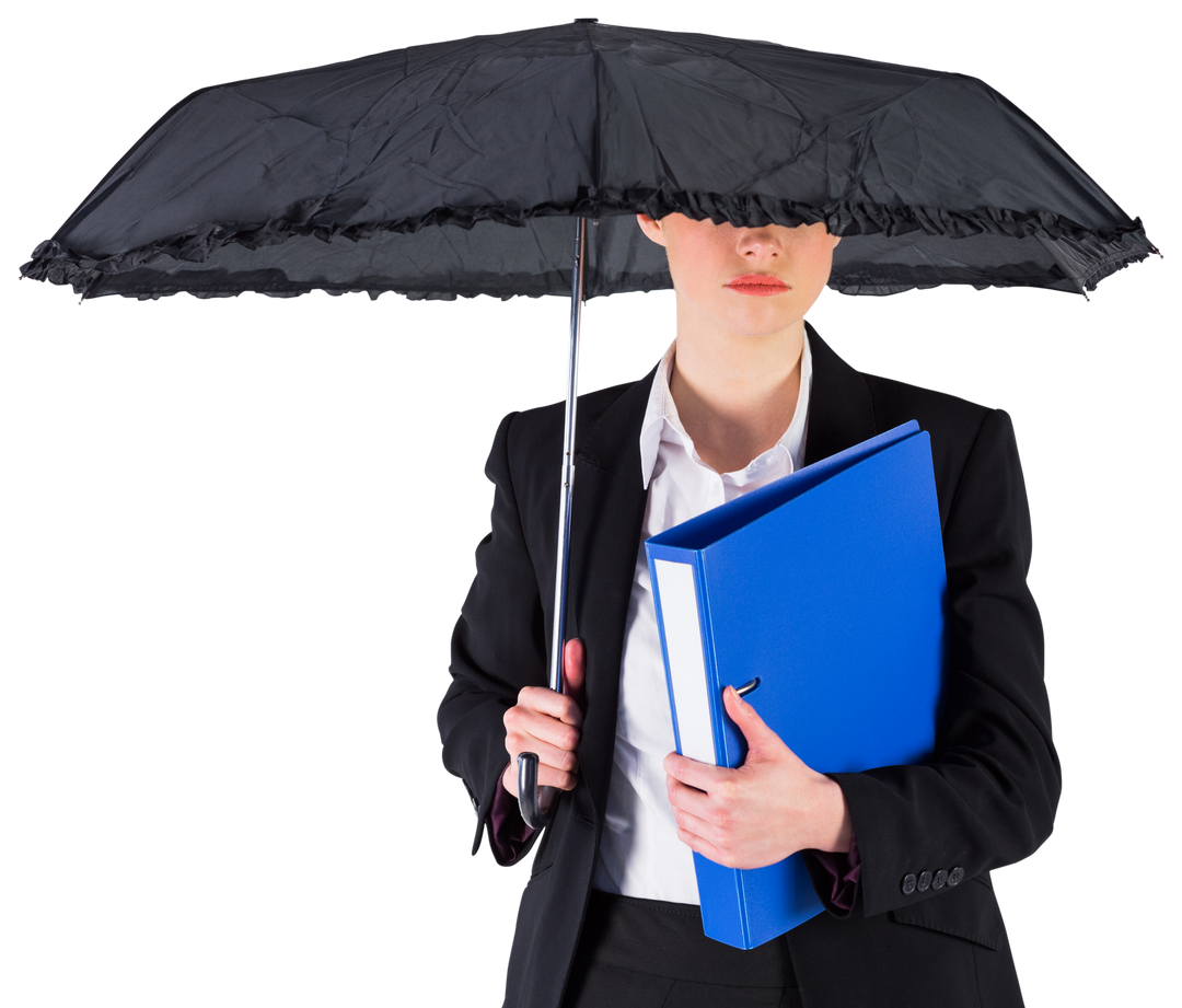 Businesswoman Holding Blue Folder Under Transparent Black Umbrella - Download Free Stock Images Pikwizard.com