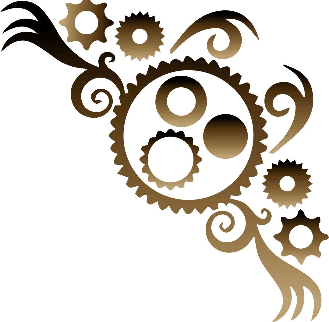 Bronze Gold Gears with Scrollwork on Transparent Background