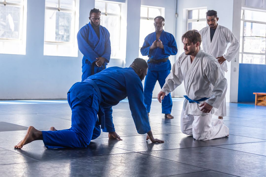 Martial Arts Students Practicing Grappling Techniques in Dojo