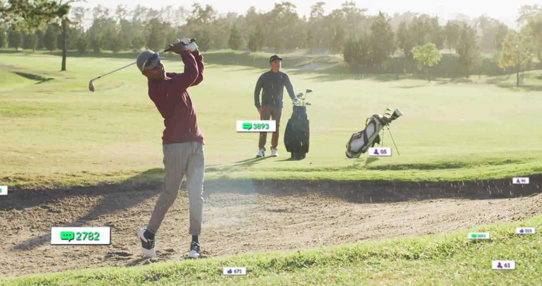 Golfer Swinging in Bunker Focused on Technique with Observer Nearby