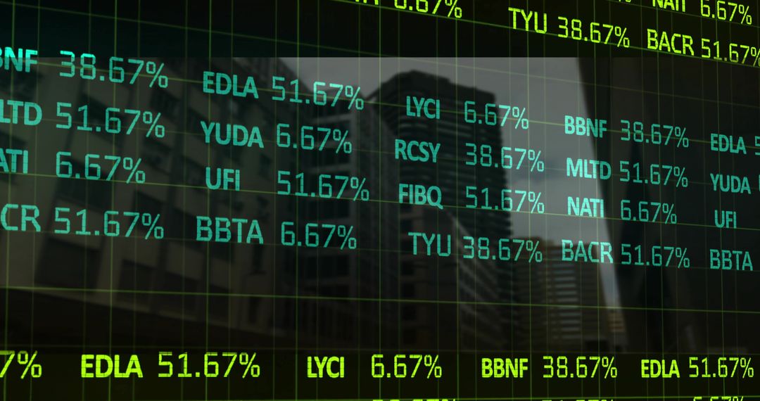 Displaying semi-opaque digital stock ticker overlay on urban skyscraper window with neon percentages