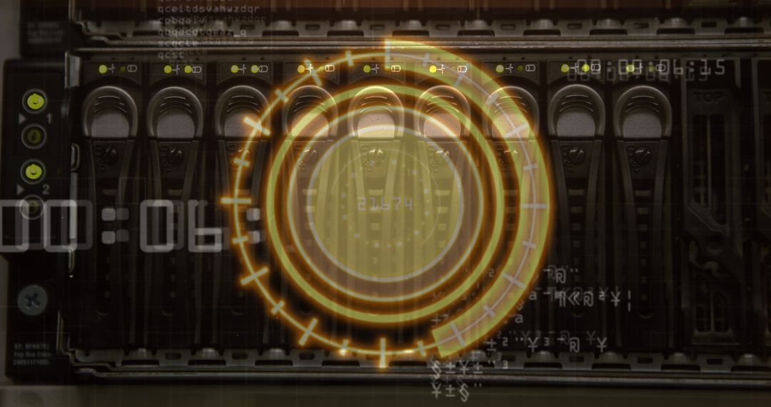 Futuristic server array in data center with hud display