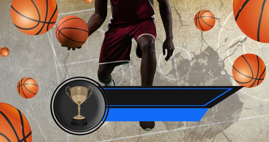 Basketball Player Dribbling with Floating Basketballs and Trophy Banner