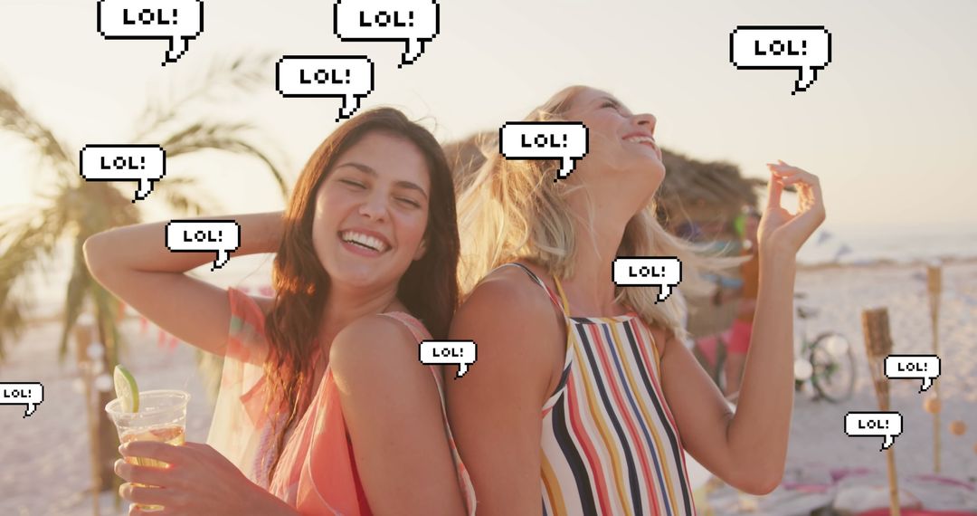 Friends Enjoying Beach Party with LOL Chat Bubbles