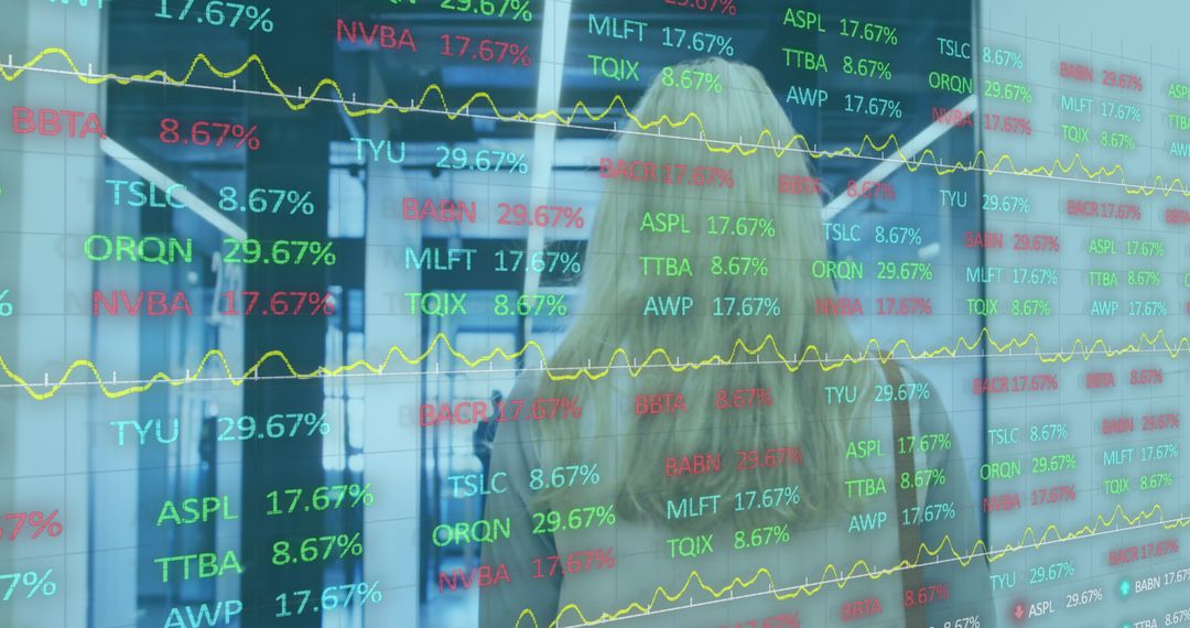 Image of stock market data processing against caucasian woman using smartphone at office - Free Images, Stock Photos and Pictures on Pikwizard.com